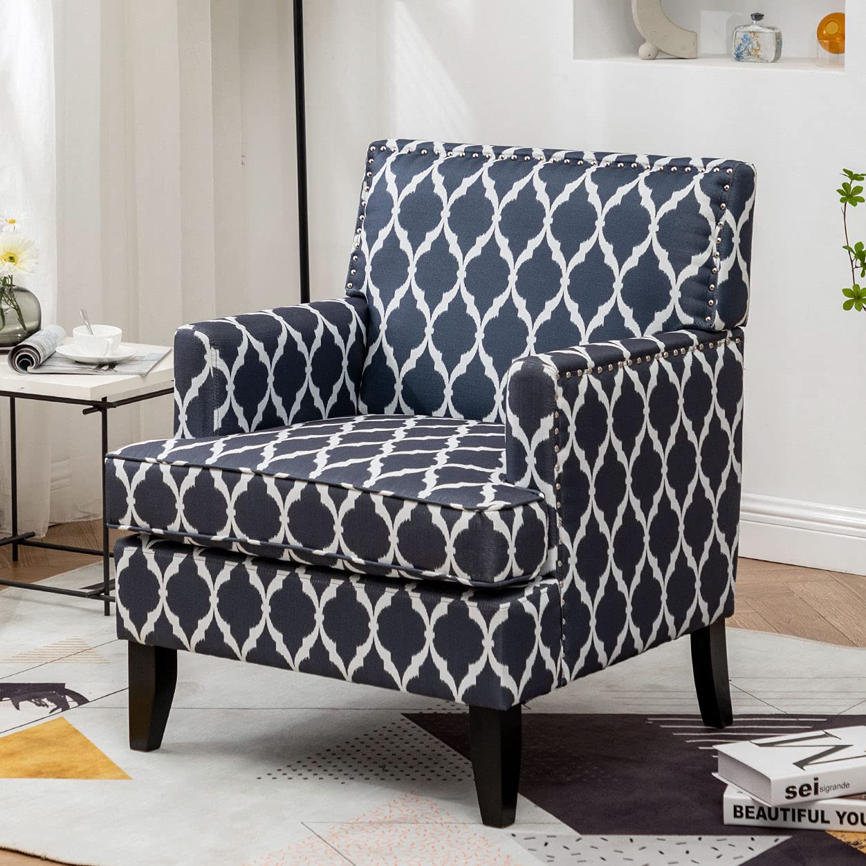 MELLCOM Mid Century Modern Accent Chair, Upholstered Sofa Chairs with Solid  Wood Legs, Comfy High Back Linen Fabric Armchair for Club, Living Room