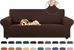 KEKUOU Stretch Sofa Cover Slipcover ,Couch Covers for 3 Cushion Couch Sofa pet Friendly (78"-94") Furniture Protector Sofa with Elastic Bottom for Kids,Dog, Jacquard Small Checked(Large,Chocolate)