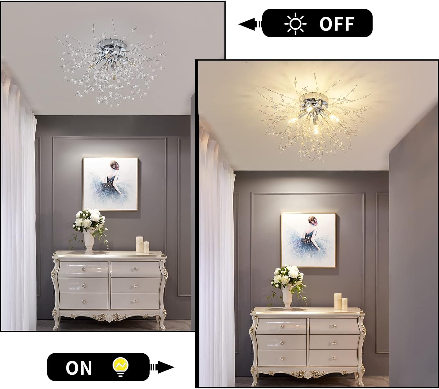 TANLUX Modern Mini Crystal Ceiling Light Fixture, 4-Light Chrome Crystal Sputnik Firework Chandelier, Semi Flush Mount Ceiling Light Fixtures for Bedroom Kitchen Hallway Entryway