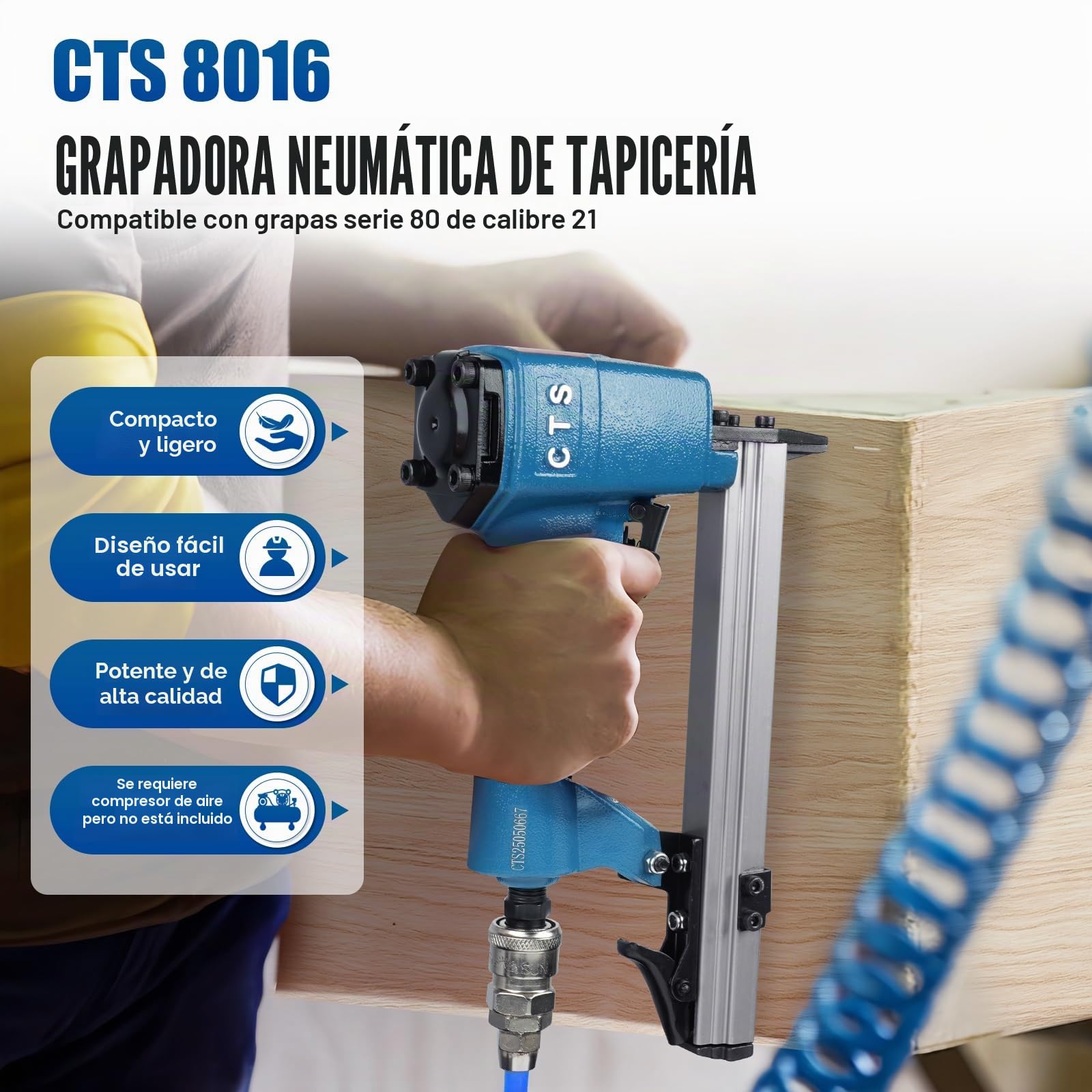 CTS 8016 - Grapadora neumática para tapicería para muebles | Calibre 21, corona de 12,8 mm, grapas de 1/4 a 5/8 pulgadas de longitud, grapadora de aire para decoración de interiores
