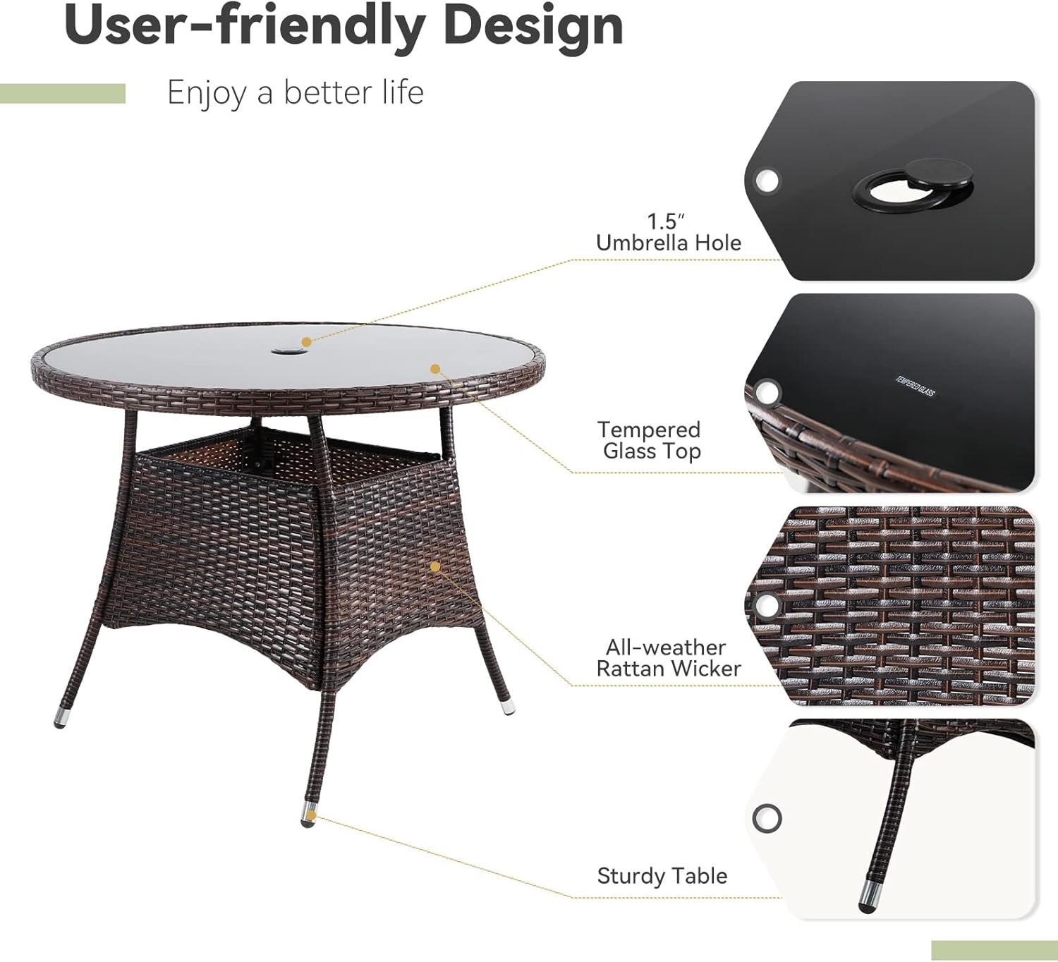 SUNCROWN 5 Piece Outdoor Dining Set All-Weather Wicker Patio Dining Table and Chairs with Cushions, Tempered Glass Tabletop with 9 FT Patio Umbrella for Patio Backyard Porch Garden Poolside, Round : Patio, Lawn & Garden