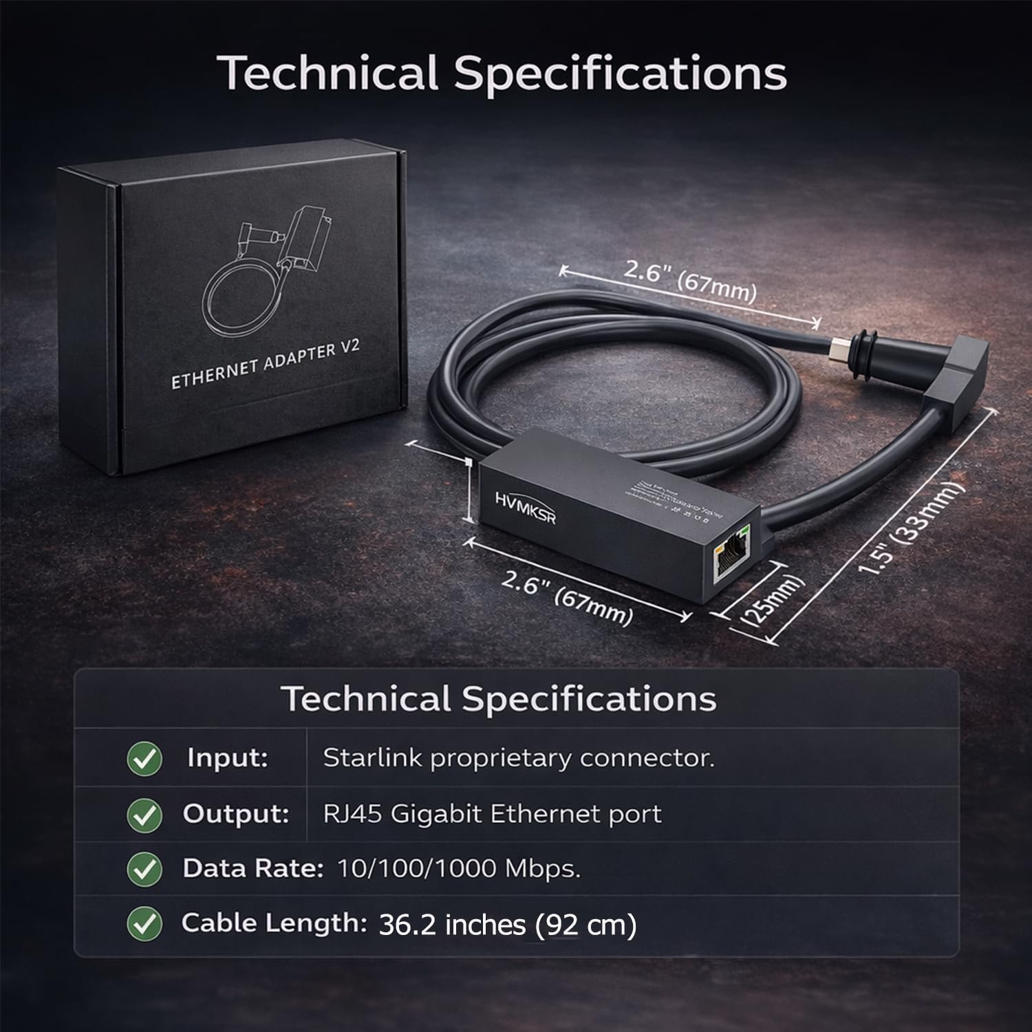 Starlink Ethernet Adapter for Gen 2 / V2 Rectangular Satellite, Gigabit RJ45 Wired Network Interface, High-Speed & Stable External Connection for Standard Actuated Kit