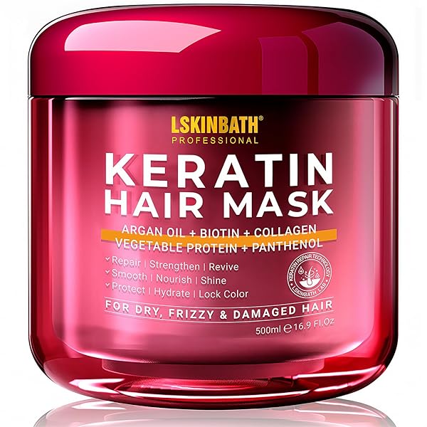 LSKINBATH Keratin & Collagen Repair Hair Mask for Damaged Hair | Deep Conditioner Revives Dry, Frizzy, Bleached & Color-Treated Hair | With Argan Oil & Biotin | Treatment for Split Ends | 500ml