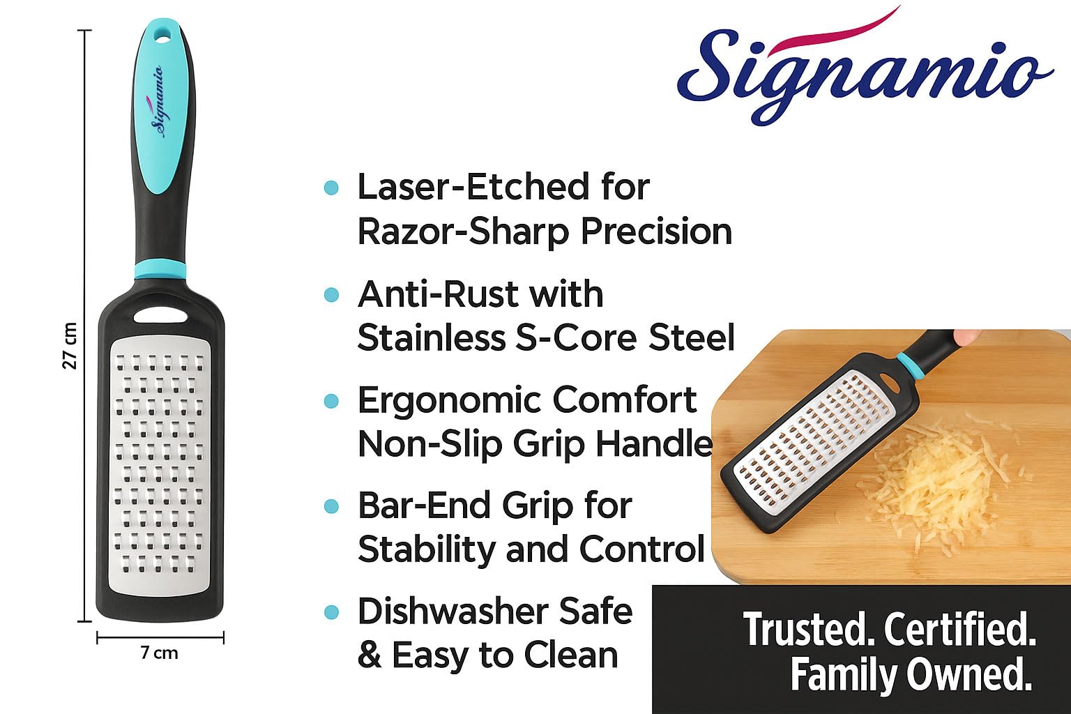 SIGNAMIO® Hand Kadukas Cheese Grater and Vegetable Shredder for Kitchen Stainless Steel Ginger Crusher, Carrot Grater, Garlic Slicer with Protective Cover (Sky Blue)
