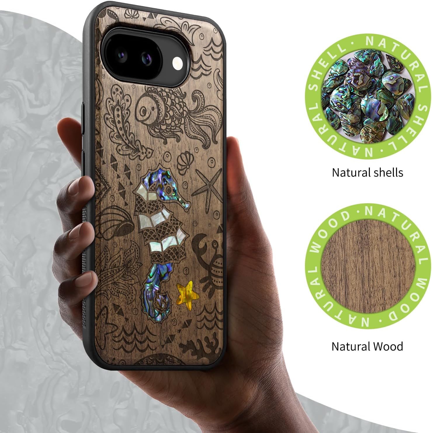 Carveit Magnetic Wooden Case for Google Pixel 10a Case, Wood Artisan Engraved & Handmade Shell Inlaid, Compatible with MagSafe Wireless Chargers (The Underwater World) Walnut