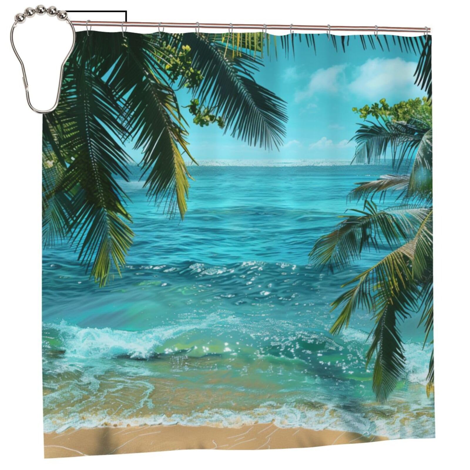 BWWHCCTI Sea Beach Palm Leaves Printed Shower Curtain With 12 Iron Hooks Opaque Quick Drying Waterproof Shower Curtains Sets For Bathroom 183x183 CM