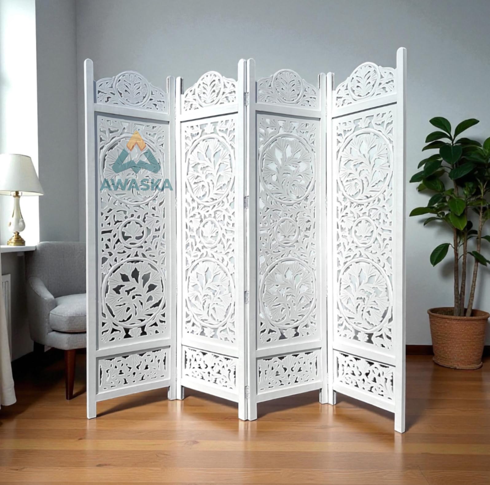 Brand Wooden Partition – Premium White Color 6FT Height Room Divider | Modern Home & Office Decor | Solid Wood | Foldable & Privacy Screen for Living Room, Bedroom, Hall, Studio (4 Panel)