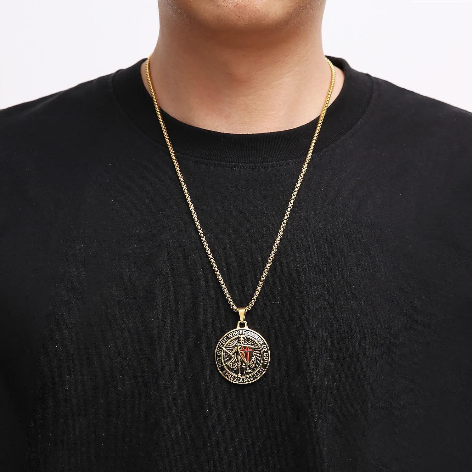 Knights Templar Put On The Whole Armor of God Ephesians 6:13-17 Red Cross Design Pendant Stainless Steel Men's Necklace