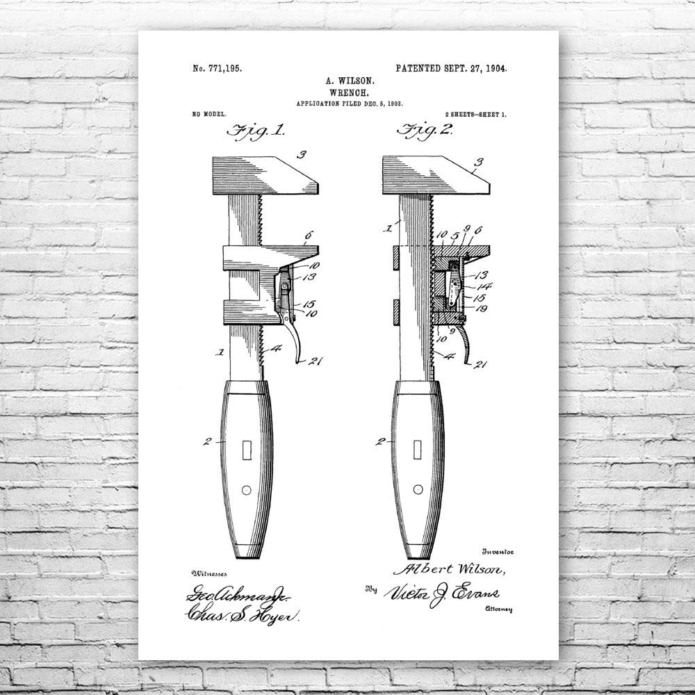 Pipe Wrench Poster Print, Plumbing Art, Pipe Fitter, Plumber Gift, Handyman Gift, Shop Class Art, Wrench Blueprint Black & White (20 inch x 24 inch)