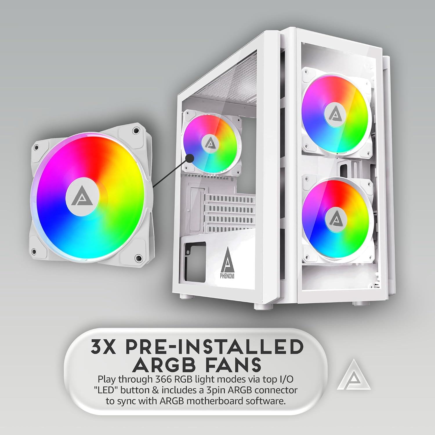 Apevia PHENOM-WH Phenom Micro ATX Gaming PC Case w/ 3x 120mm ARGB Fans, 366 RGB Light Modes, 2x Tempered Glass Panels, Front Panel Airflow Vents, Magnetic Dust Filters, 2x USB3.0, HD Audio Port, White