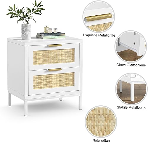 Miniatura 4 de Giluta Mesita de noche de madera de mediados de siglo con 2 cajones de ratán natural mesita de noche con patas de metal blanco gabinete de