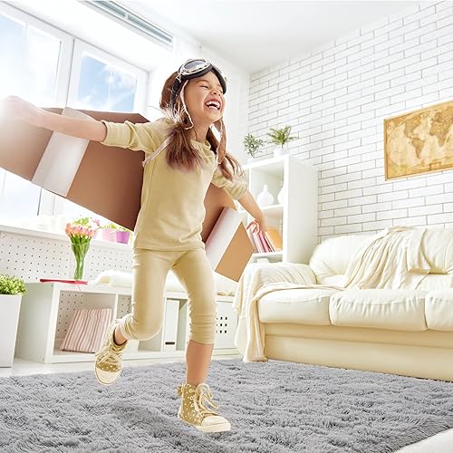 Miniatura 4 de Toneed Alfombra mullida para dormitorio, sala de estar, 4 x 6 pies, alfombra lanuda gris, súper suave, moderna, alfombra de felpa mullida para