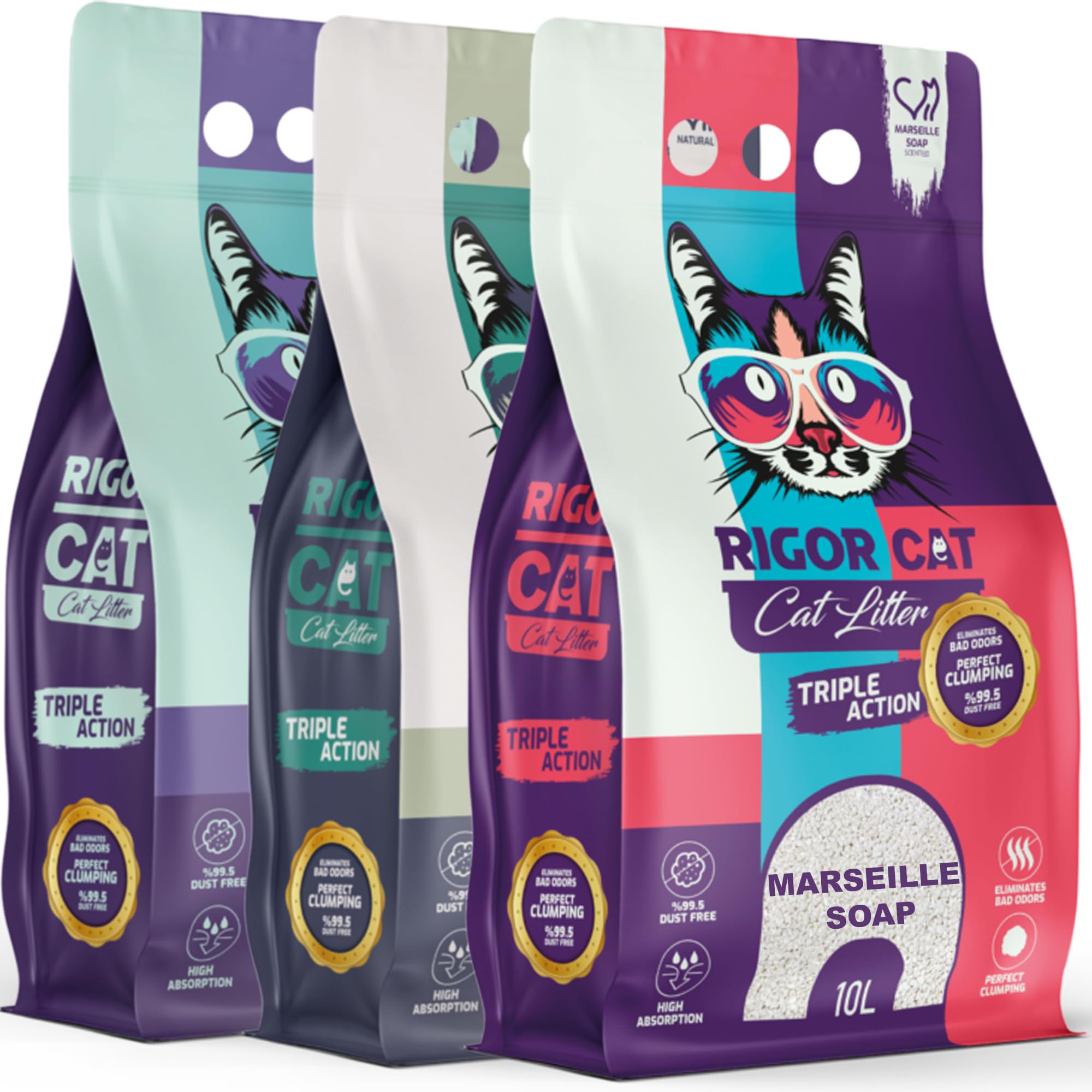 Ultra Clumping Cat Litter - Bundle, Marseille soap, Natural & Lavender 30L, Strong Clumping, Fast Absorption, Low Dust, Odour Control - 3 Pack Cat Litter