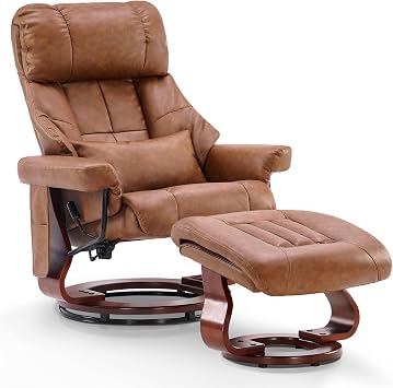 MCombo Manual Swivel Recliner with Ottoman, Reclining Chair with Vibration Massage for Small Spaces, Living Room, Office, Faux Leather 9068 Saddle