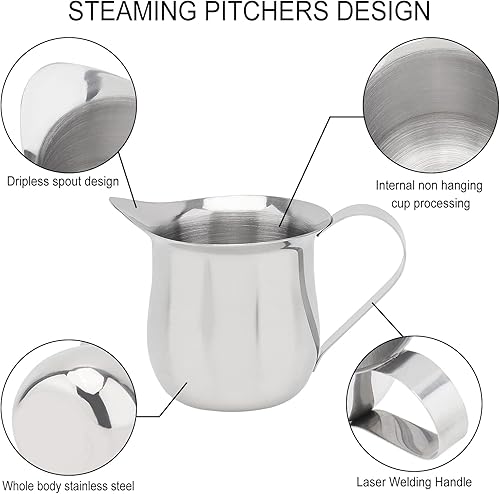 Miniatura 5 de Paquete de 2 cremas de campanas de crema, 2 onzas y 3 onzas, taza de vertido de café expreso, jarra de crema de acero inoxidable con 2 cucharas,