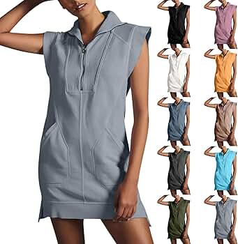 Sweatshirt Dress with Pockets for Women - Cap Sleeve, Lapel