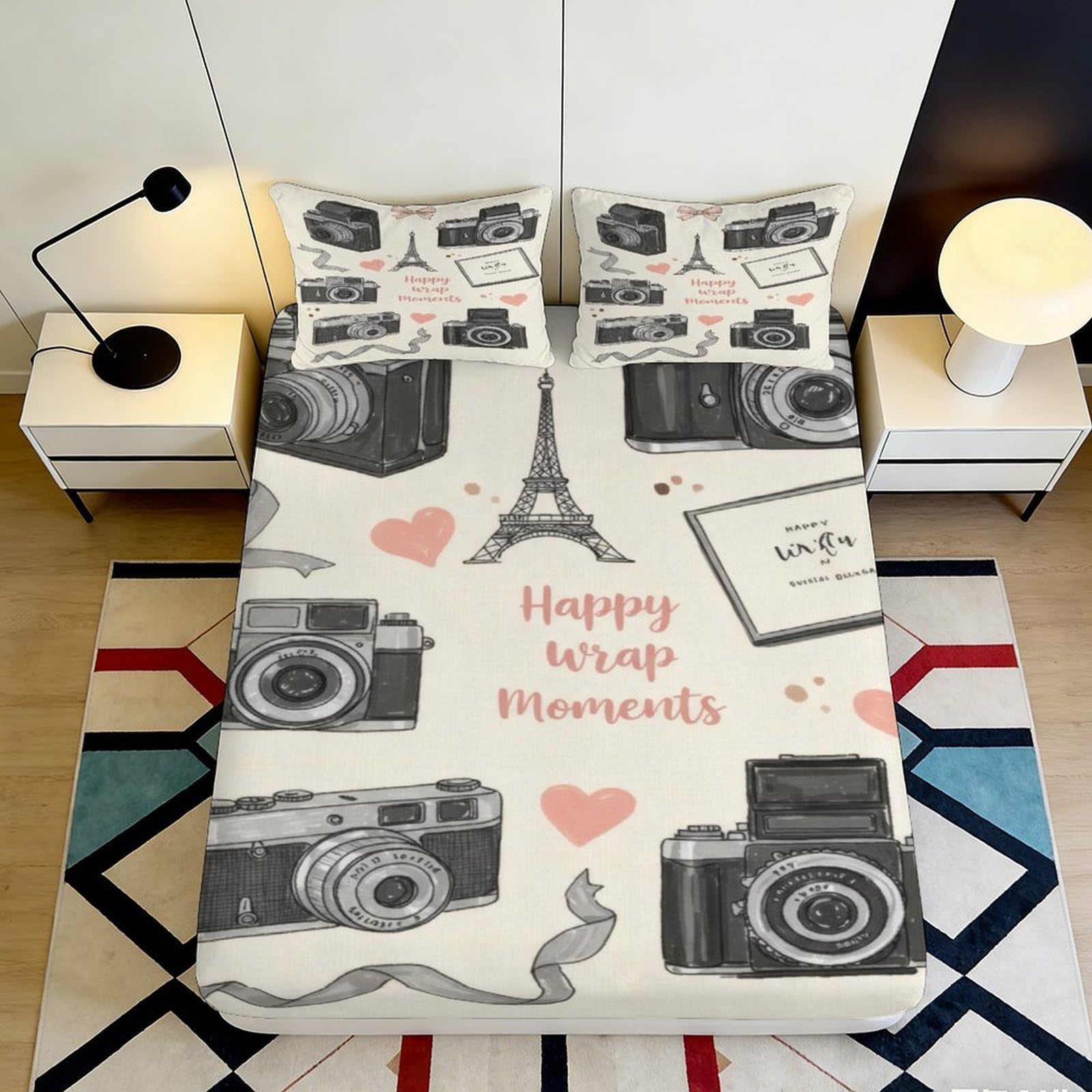 3D Printed Vintage Camera Eiffel Tower Fitted Sheet Microfiber Soft Paris Bed Cover for Bedroom Dorm Decor 90x200x25cm