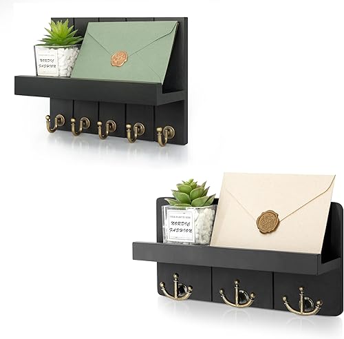 Rebee Vision Juego de llaves para pared 10" Llavero con 5 ganchos y 11" Llavero con 3 ganchos de anclaje para decoración de pared de granja - Negro