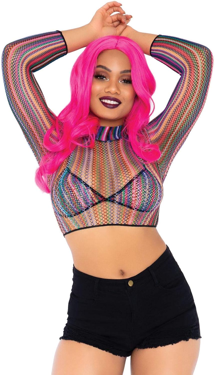 Leg Avenue Women's 3 Pc Fishnet Bikini Top, G-string Panties, Long Sleeve Crop Top Set
