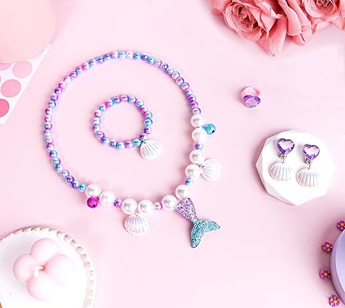 Miniatura 7 de MTGOCHA Juego de joyas de sirena para niñas pequeñas, joyería de juego para niñas, monedero, collar de sirena, aretes, anillo de sirena, accesorios