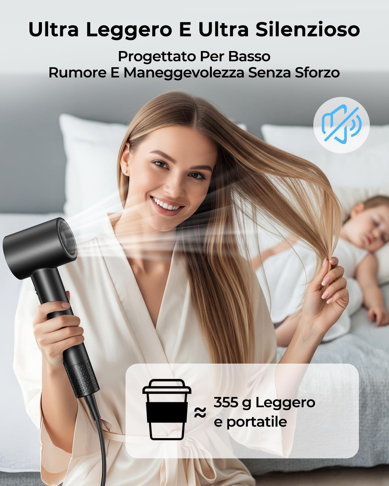 Asciugacapelli Ionico, Phon Capelli Professionale 160.000 Giri/min, Flusso d’Aria 36 m/s, Asciugatura Rapida, 500M Ioni Negativi, Controllo Intelligente, Leggero e Silenzioso, Diffusore Magnetico