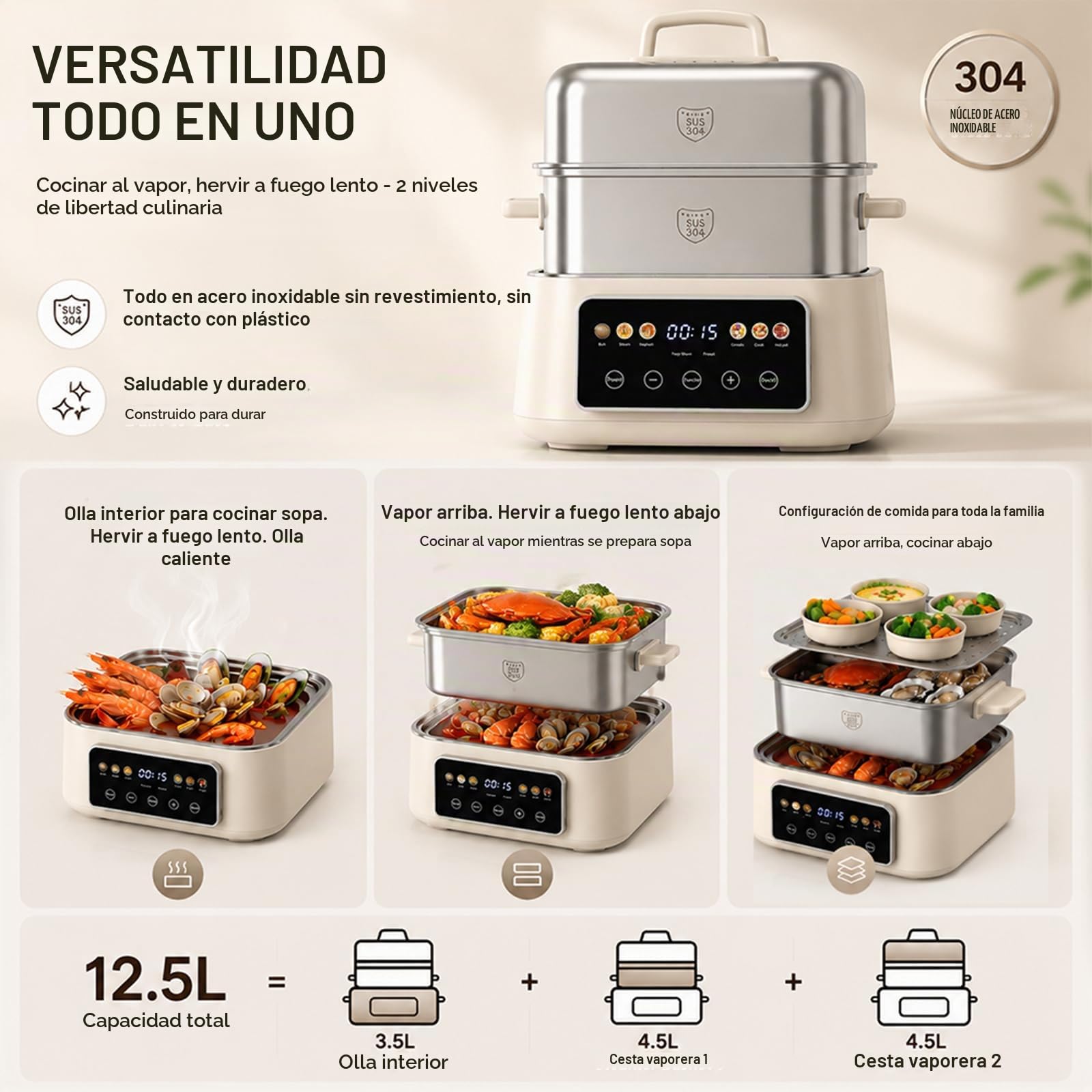 Fulgutonit 12.5L Vaporera Eléctrica de Acero Inoxidable 304 | 2 Niveles, 6 Programas Inteligentes, Temporizador de 24 Horas, Vaporera y Hot Pot 2 en 1, Cocina Multifunción