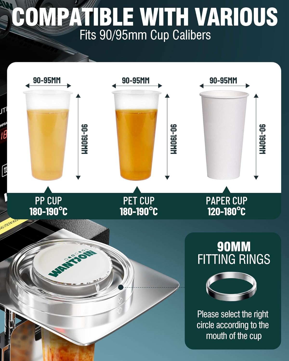 WantJoin Full Automatic Cup Sealing Machine - Electric Cup Sealer Machine 90/95mm, 500-600 Cups/H Digital Control LCD Panel Cup Sealer for Bubble Milk Tea Coffee Black, L15.3"*W9.9"*H20.8"