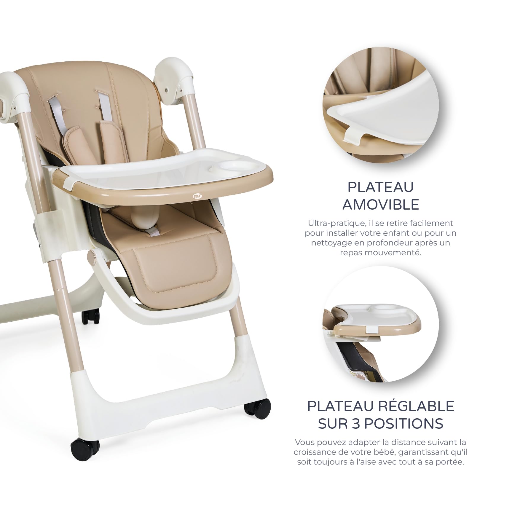 Ms BabyWorld - Chaise haute évolutive pour bébé Tasty | 7 positions de hauteur et 3 inclinaisons | Plateau amovible et repose-pieds réglable | Portable, pliable, jusqu’à 3 ans (Beige)