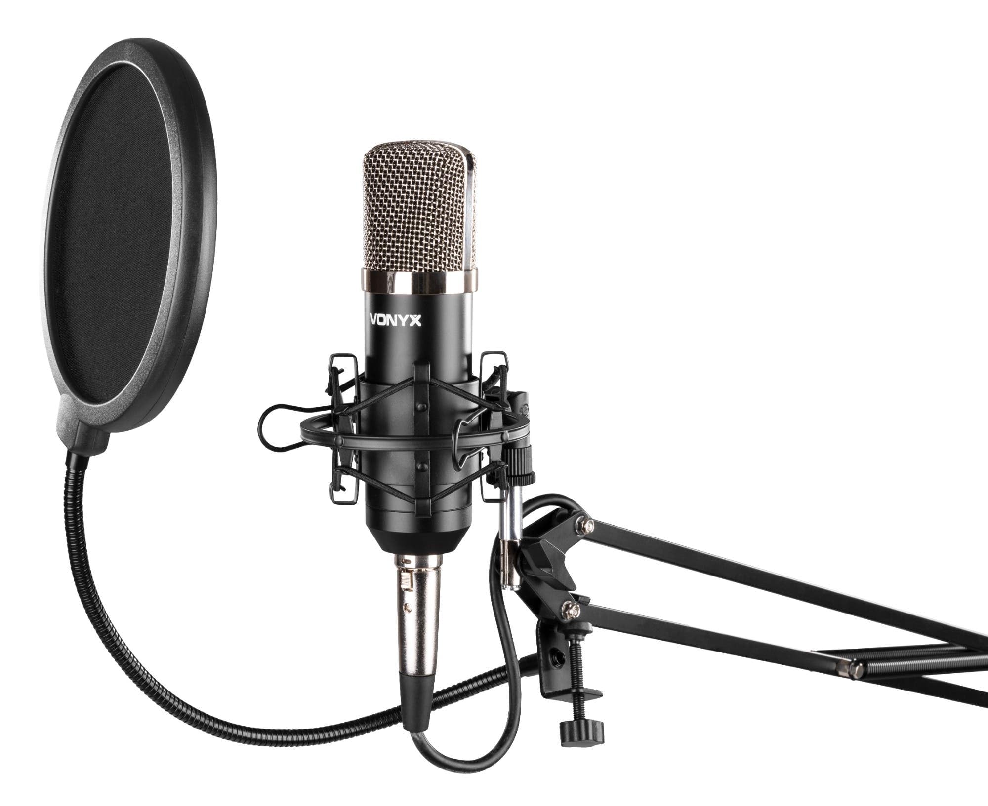 VONYX CMS400 Microphone de Studio Argenté - Ensemble Microphone à Condensateur avec Bras Réglable et Filtre Anti-Pop, Alimentation Fantôme 48 Volts, Connexion Directe à Un Ordinateur (Jack 3,5mm)