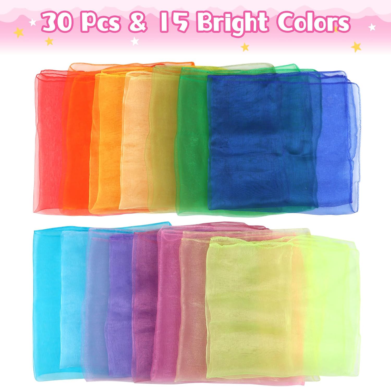 PEASUG 30 Pcs Juggling Scarves for Kids Play, 24 Inch Play Scarve for Toddlers Dance Music Scarfs, Magic Tricks, Preschool Classroom Supplies