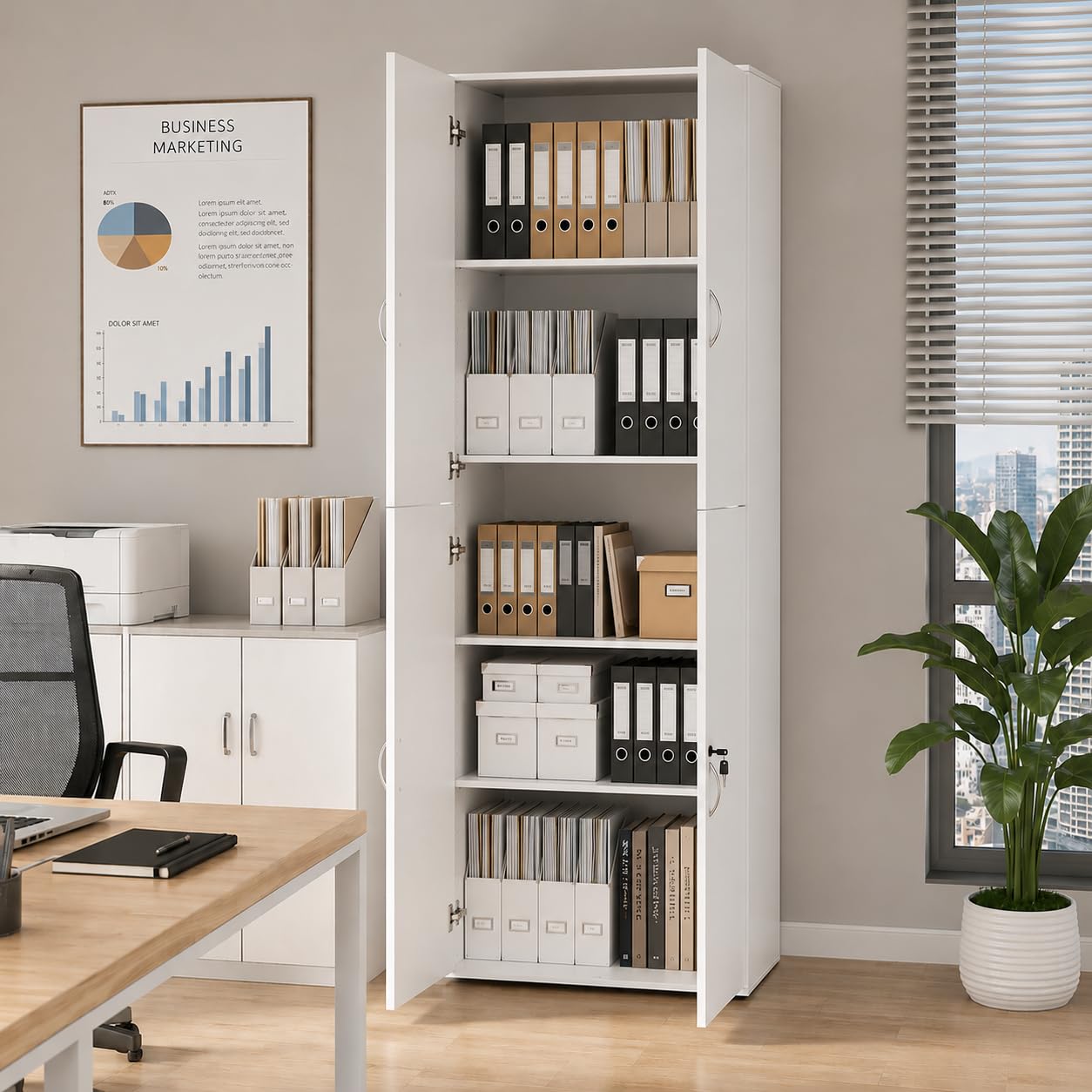 Armoire à documents verrouillable Placard de bureau blanc avec portes 58x30x180 cm Placard multi-usages Armoire haute Armoire de stockage en bois étroite Placard pour bureau Couloir Placard