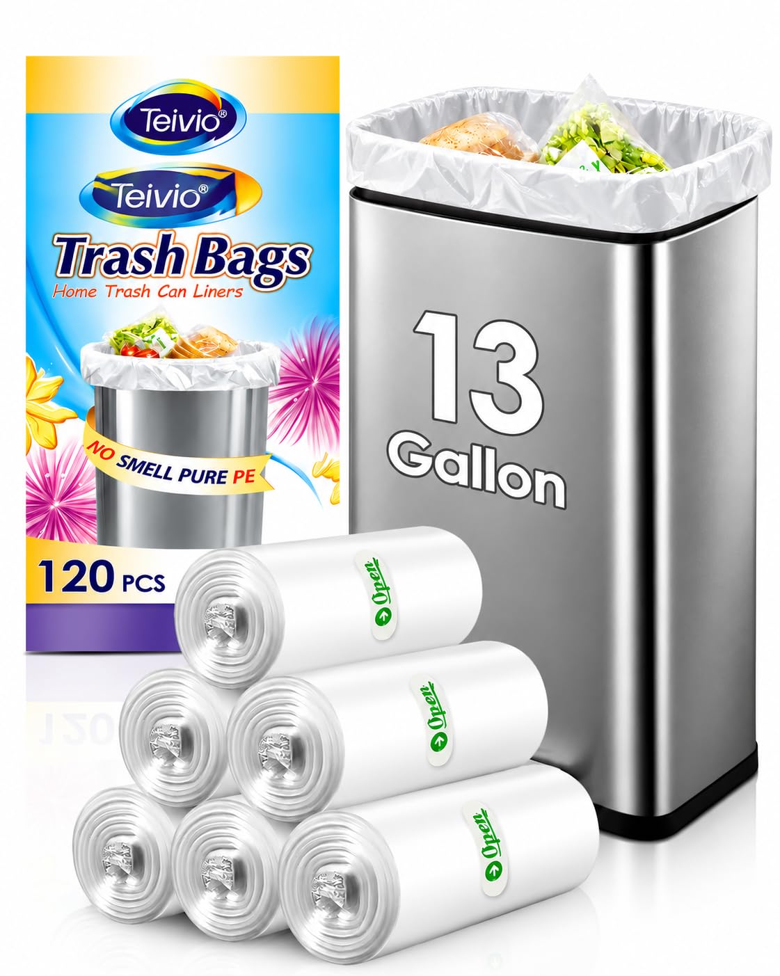 Teivio Tall Kitchen Clear Trash Bags 13 Gallon 120 Count Garbage Bags