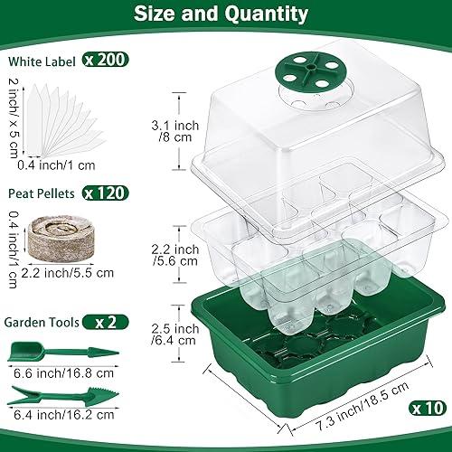 Miniatura 2 de Hahood Juego de 10 bandejas de iniciación de semillas con cúpula de humedad y base, incluye 120 pellets de turba, 200 etiquetas para plantas,