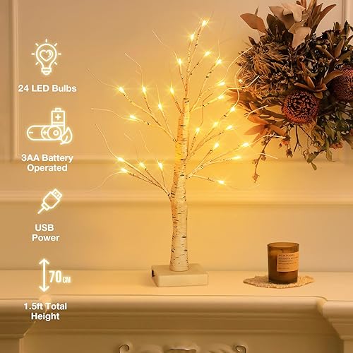 Miniatura 2 de Árbol de abedul iluminado de 22.8 pulgadas para decoración de Navidad, árbol de Navidad artificial con 24 luces LED, lámpara de árbol de mesa con