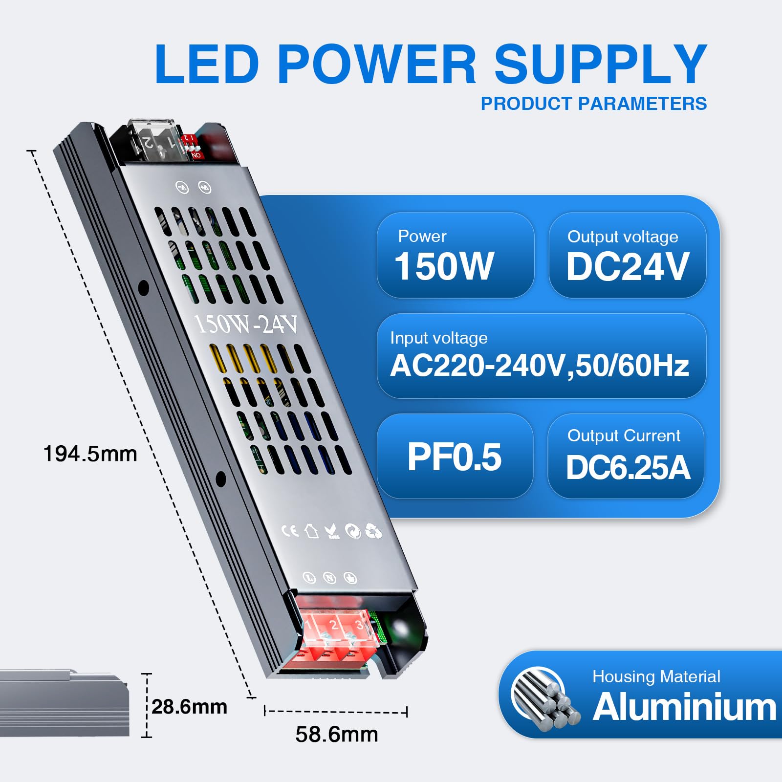 Alimentatore LED 24V 150W Ultra Sottile Dimmerabile 4 Livelli, Trasformatore 220V AC a DC 6.3A, Driver LED a Tensione Costante per Striscia (24V, 150, Watt)
