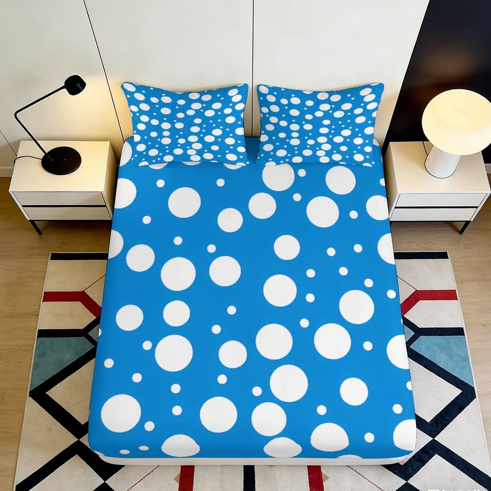 3D Printed Blue Polka Dot Fitted Sheet Microfiber Soft Mattress Cover for Bedroom Dorm Mattress Protection Decor 120x200x25cm