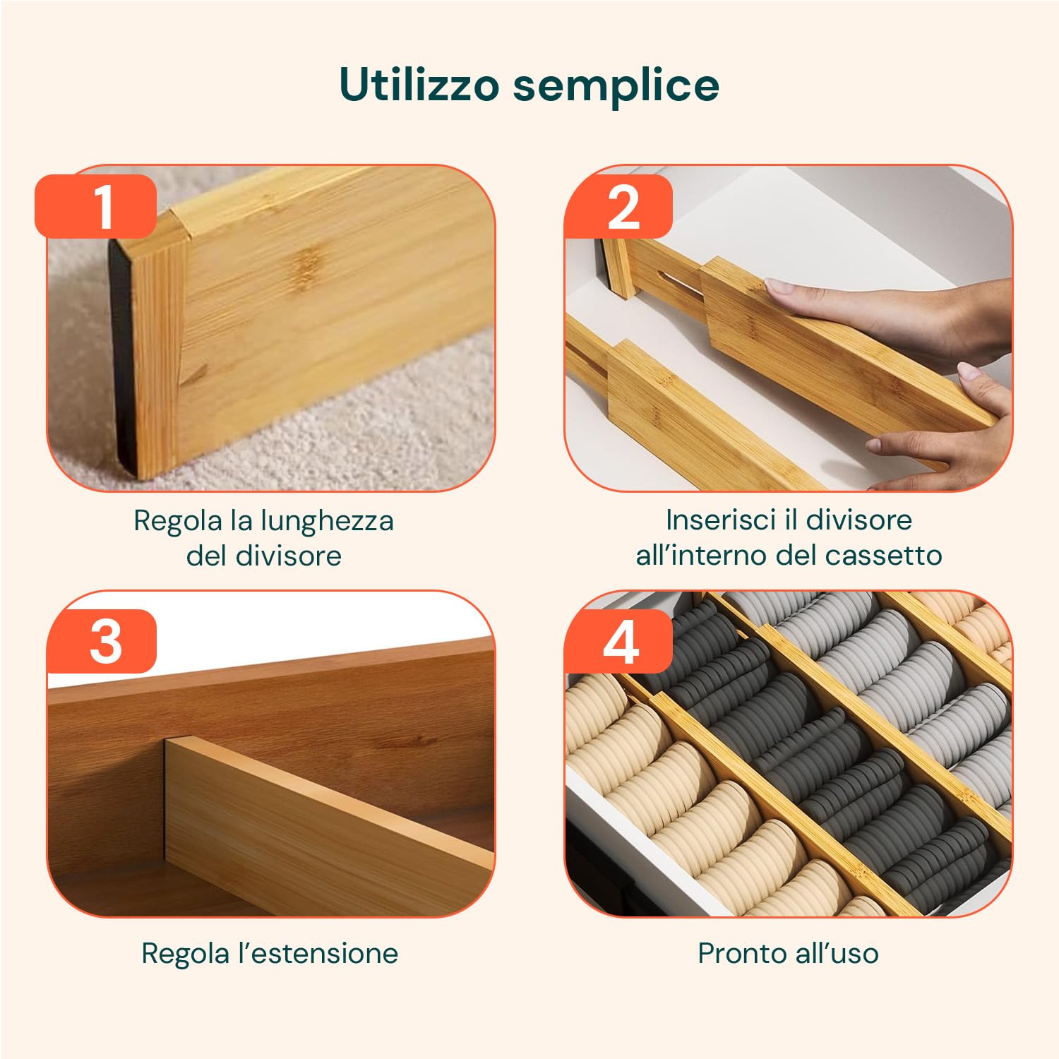 Avilia Divisori per Cassetti Set 4 Bamboo – Organizer Cassetti Regolabili 43–56 cm, Divisori Cassetti Cucina e Biancheria, Sistema a Molla Senza Attrezzi, Antiscivolo Salvaspazio