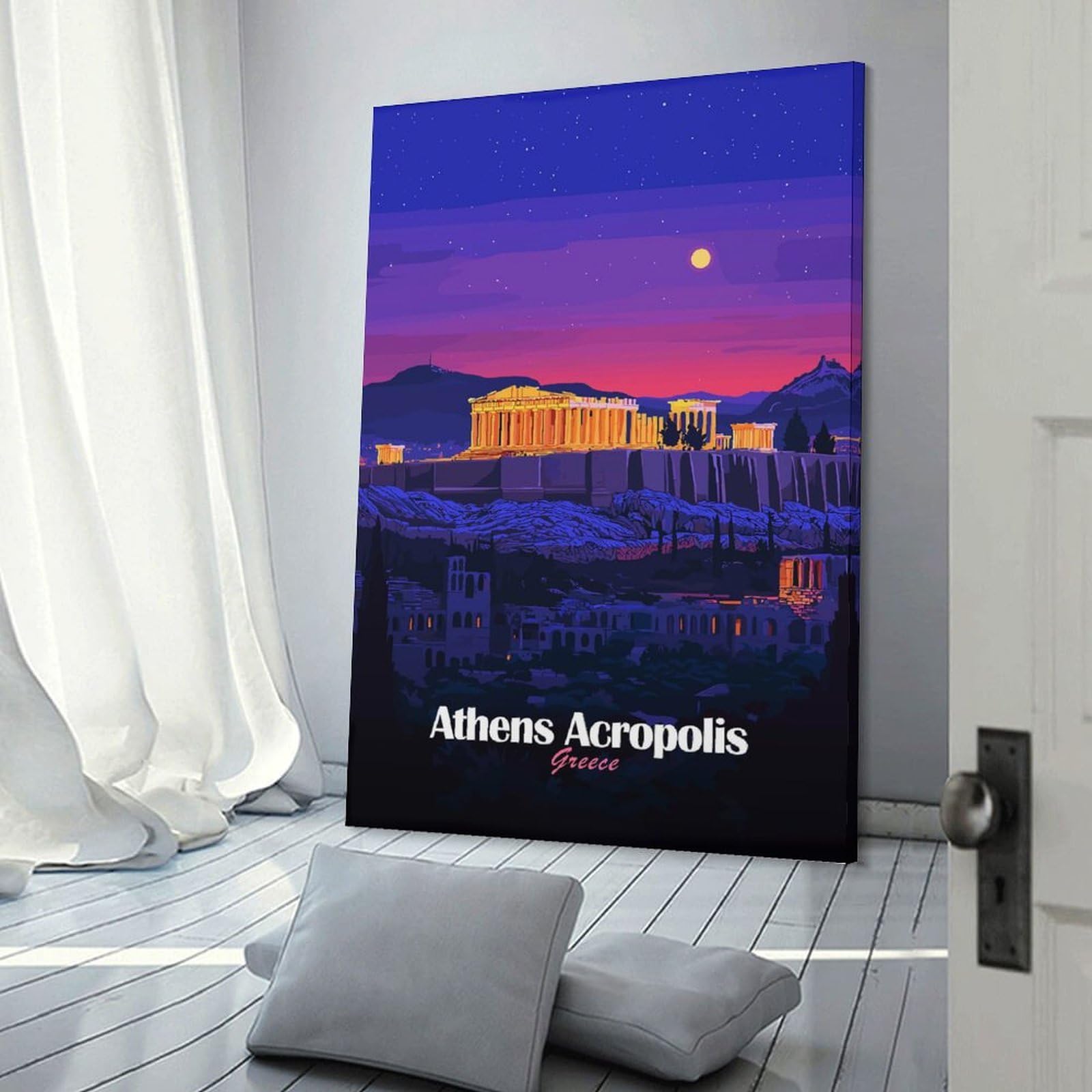 Junmoney Frame-Style-11-1 Athens Acropolis Night Room Decor Wall Art 08X12inch(20X30cm), For Lounge Decor, Offices Or Entryway Styling, A Flexible Wall Accent For Shared Spaces