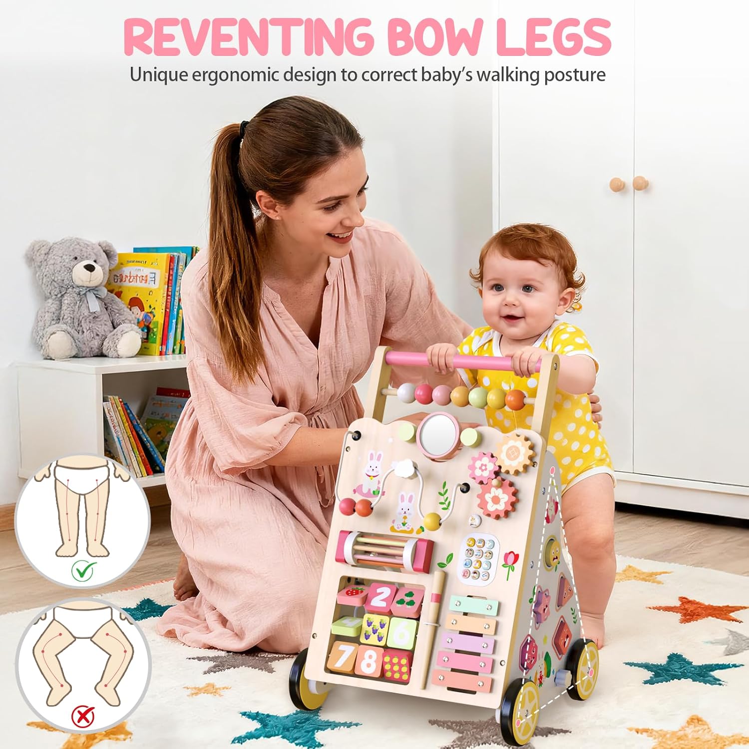 Wooden Baby Walker, Push Walker with Wheels, Montessori Activity Center Walker for Toddlers 12+ Months, Adjustable Height & Speed Learning Walking Toy for 1 Year Old Boys and Girls (Pink)