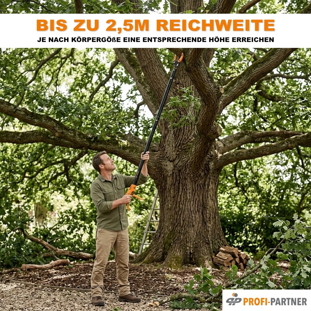 Langstiel Gartenschere, Astschere mit drehbarem Griff und Haltefunktion, Baumschere mit Titanium-Klinge, 65 cm lang
