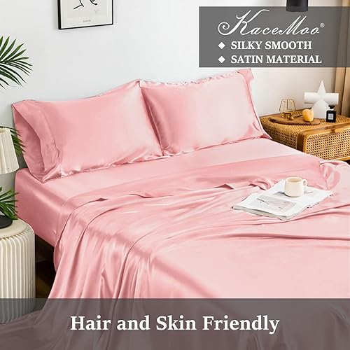 Miniatura 2 de KACEMOO Sábanas de satén tamaño King, suaves y lujosas, juego de sábanas de satén refrescante, juego de sábanas de 4 piezas de bolsillo profundo,