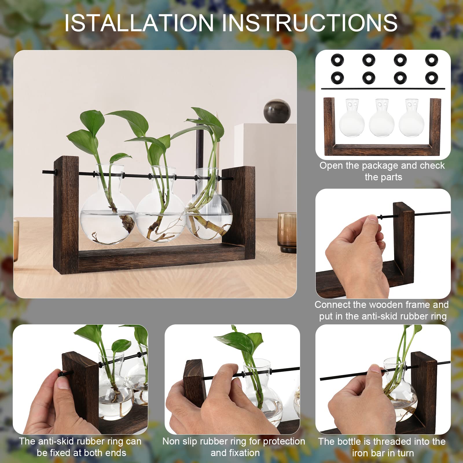 XXXFLOWER Plantenterrarium met houten standaard, luchtplantenbak, glazen vaas, metalen draaibare houder, retro tafelblad voor hydrocultuur, thuis, tuin, kantoor, decoratie - 3 bollen vaas
