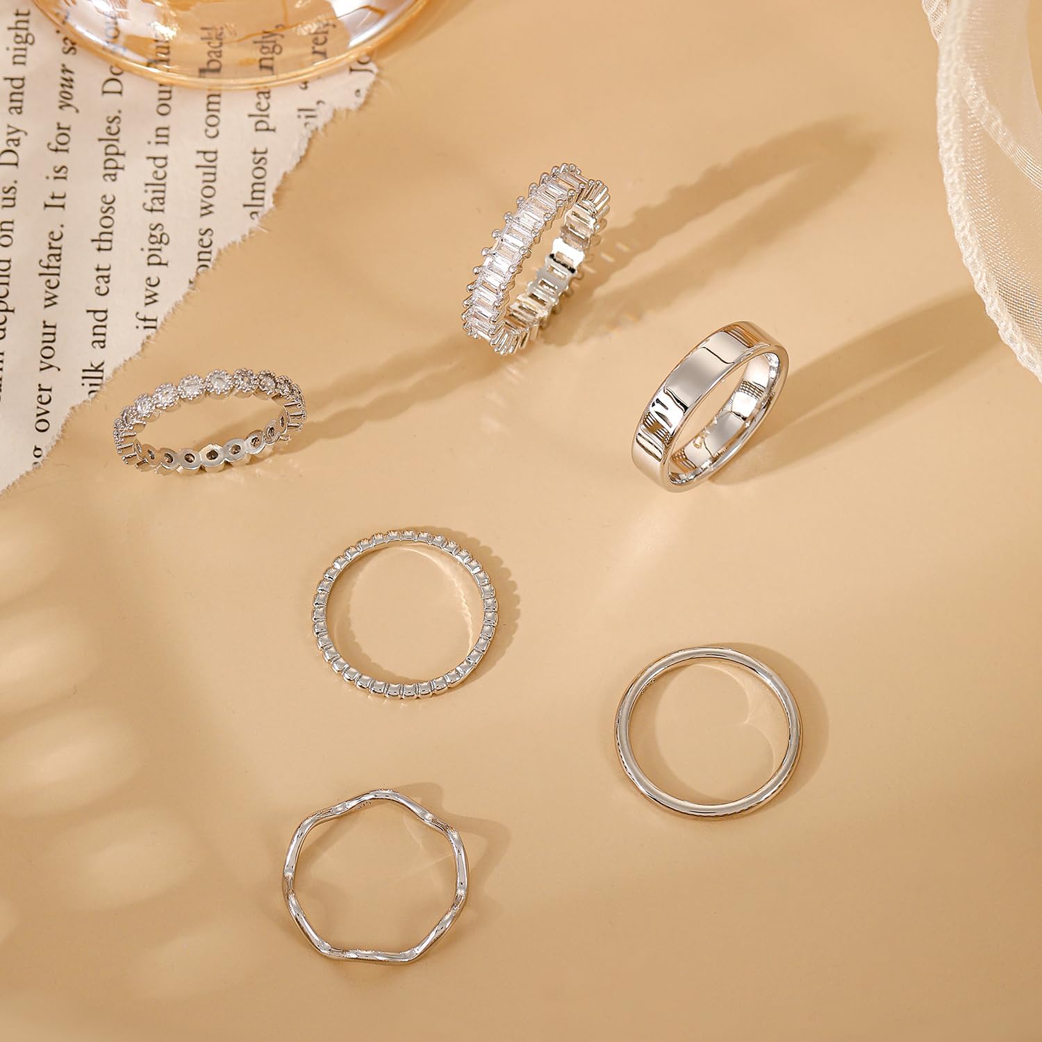 6Pcs 14K Gold Plated Stacking Rings for Women Cubic Zirconia Wave Stackable Thin Gold Ring Plain Statement Band Promise Eternity Bands Ring Comfort Fit Size 6-9