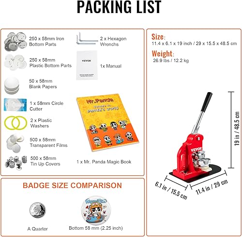 Miniatura 8 de VEVOR Máquina para hacer botones de 2.25 pulgadas, 2.283 in, máquina de prensa perforadora con 500 piezas de botón circular y cortador de círculo