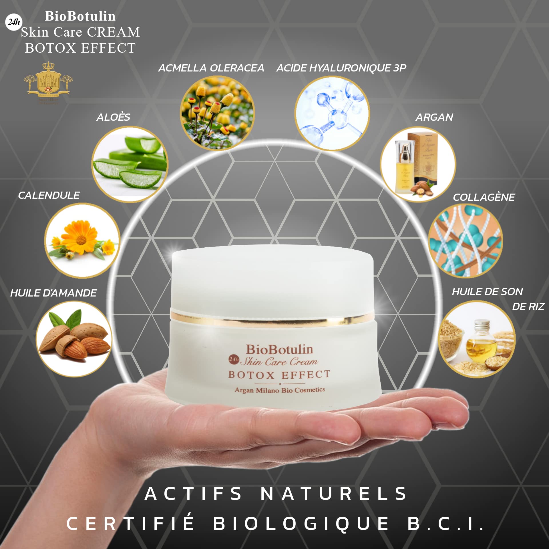 BioBotulin 24h Skin Care CREAM - 50 ml - crème anti-rides pour le visage, le cou et le décolleté - Ingrédients : Acmella Oleracea, Acide Hyaluronique 3P, Argan, Collagène, Aloe Vera