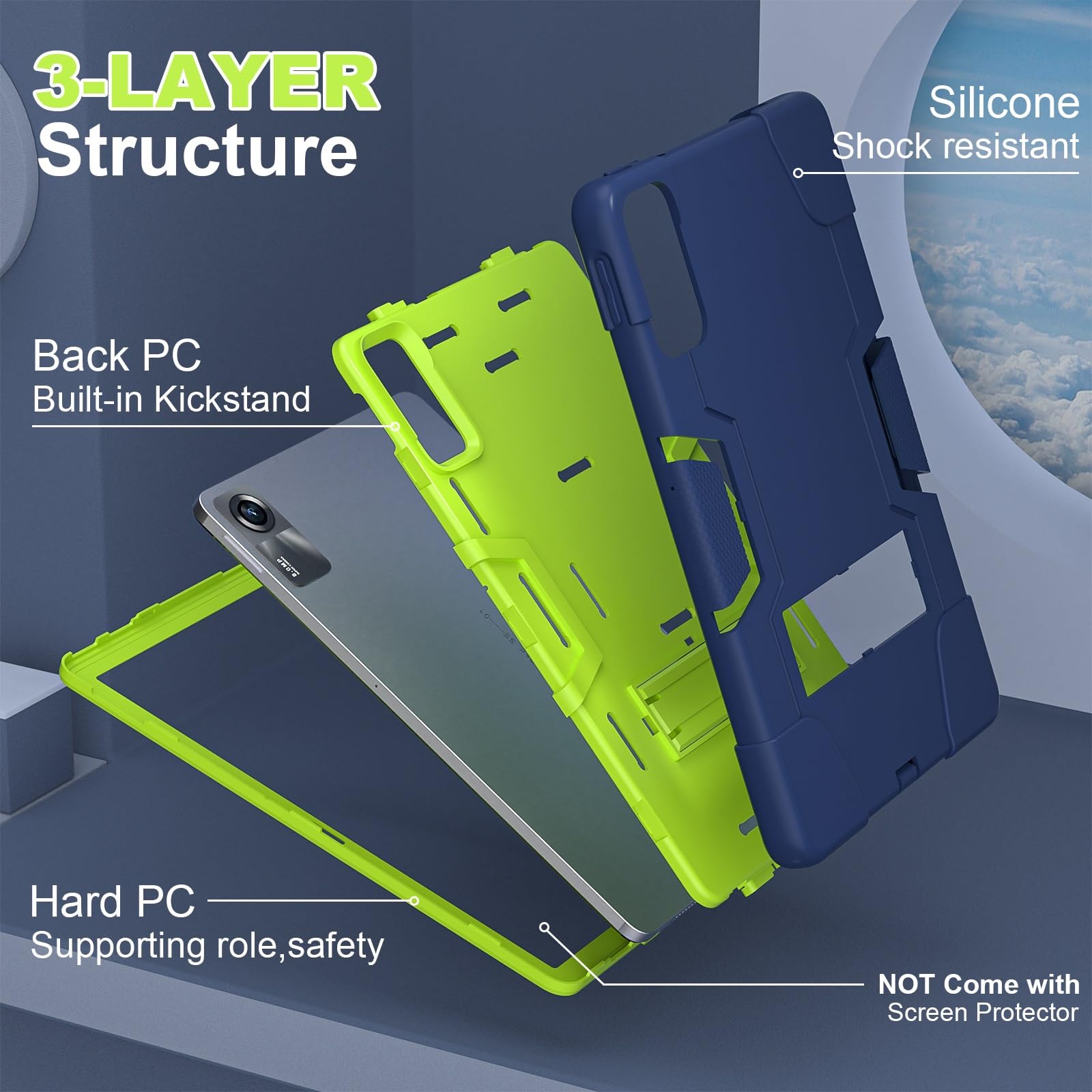 Wytrzymałe etui ochronne kompatybilne z Xiaomi Redmi Pad SE 11 "(2023) etui na tablet silikonowe etui z podpórką, wytrzymała, odporna na wstrząsy powłoka wytrzymała osłona ochronna (kolor: granatowy +