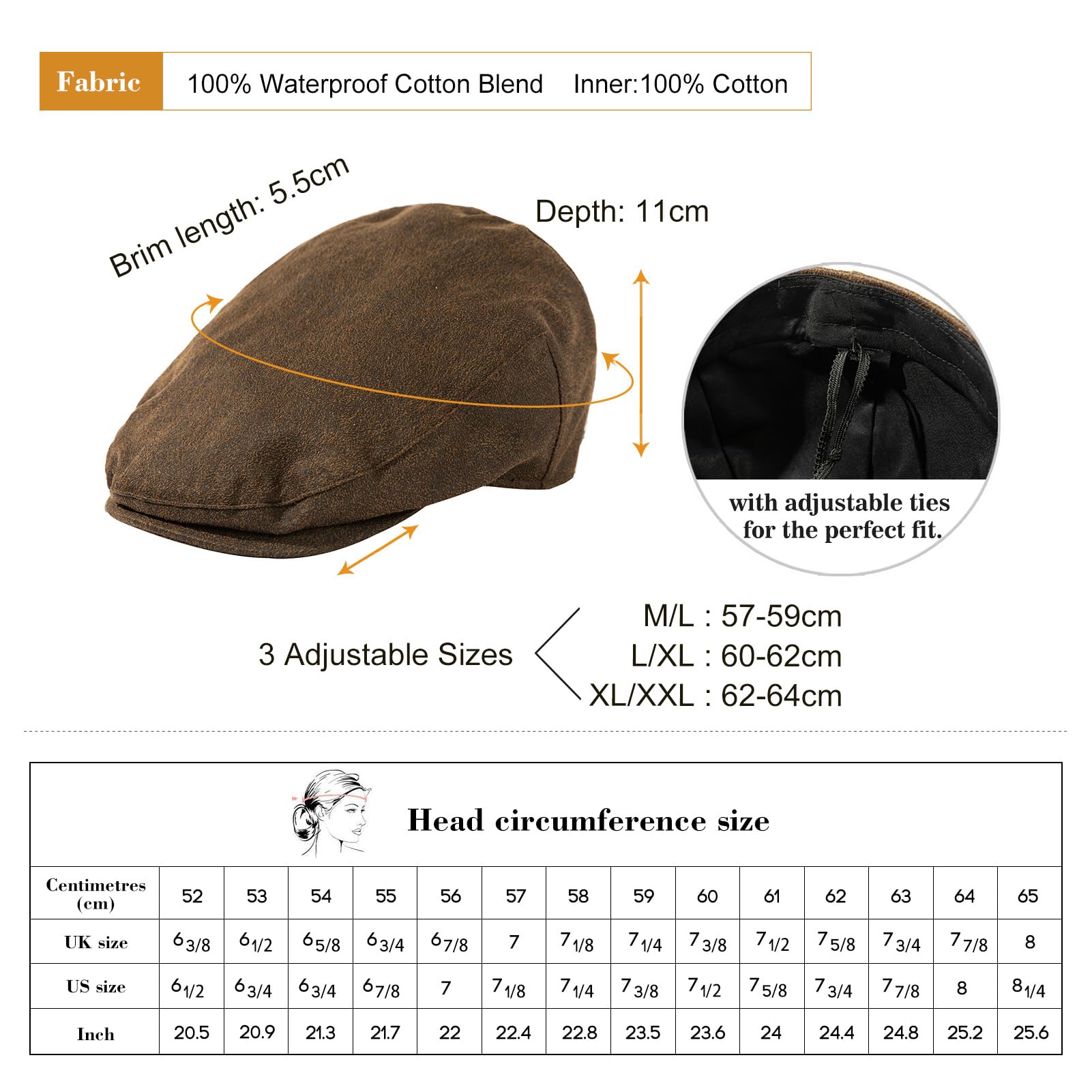 TOP-EX Gorra impermeable para hombre para tiempo lluvioso – Elegante gorra con visera estilo Peaky Blinders, ideal para golf, pesca, tiro, senderismo, caza y como gorro de raqueta M-3XL