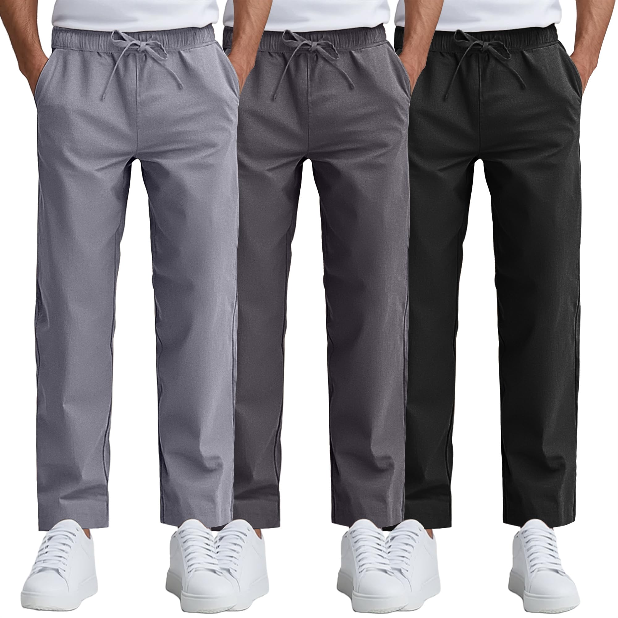 Ficerd 3 Pack Mens Casual Chino Pants Summer Lounge Elastic Waist Drawstring Straight Pants Trousers with Pockets