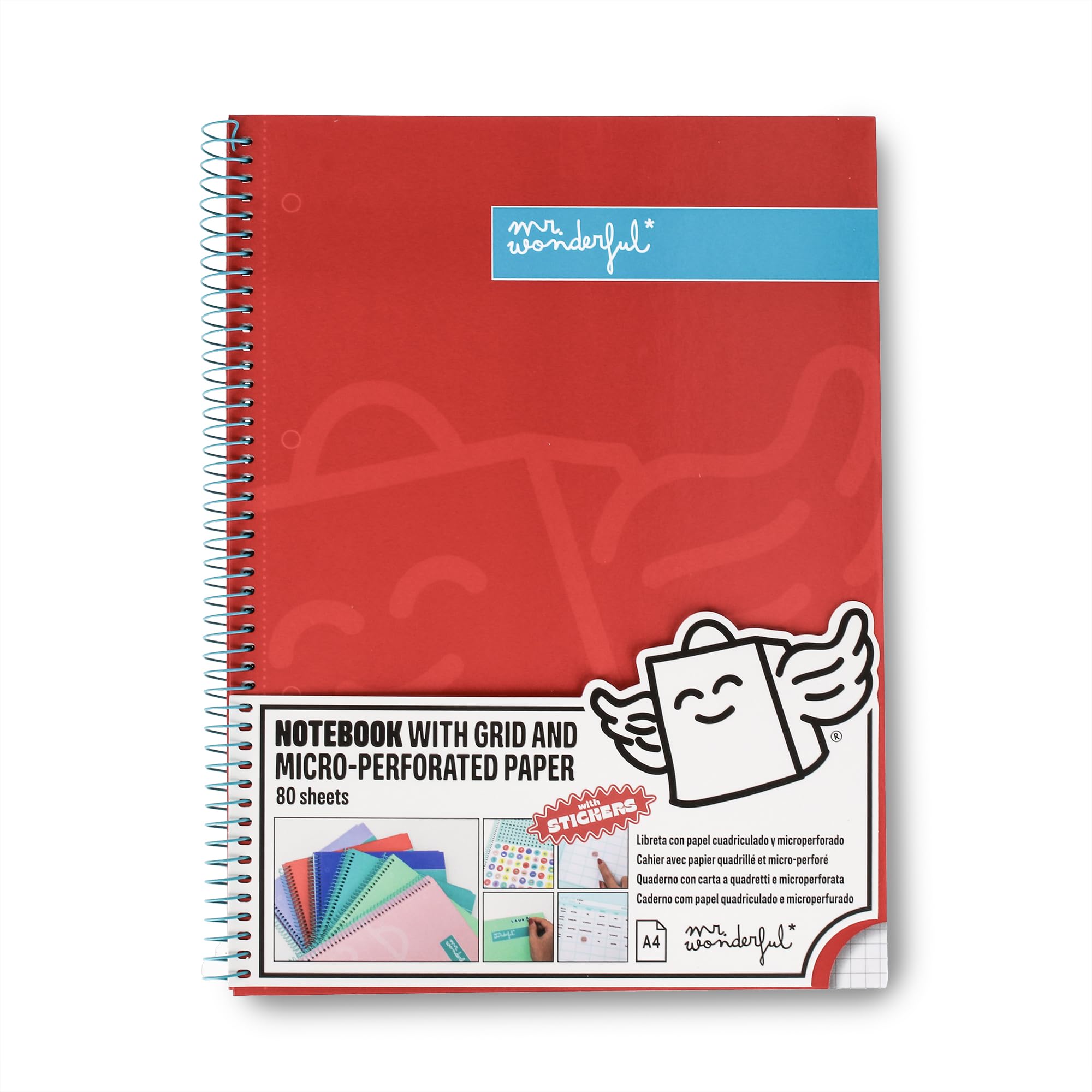 Mr. Wonderful - A4 red notebook - Grid and micro-perforated sheets - 80 pages - Extra hard cover - Spiral bound - Includes stickers