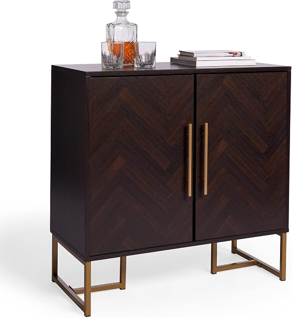 Spinningfield Sideboard Parquet Design - Cabinet w/Dark Wood Walnut Veneer - 2 Door Chevron Buffet w/Gold Handles & Legs - Modern Luxury Style Storage Credenza For Living Room, Dining Room & Lounge